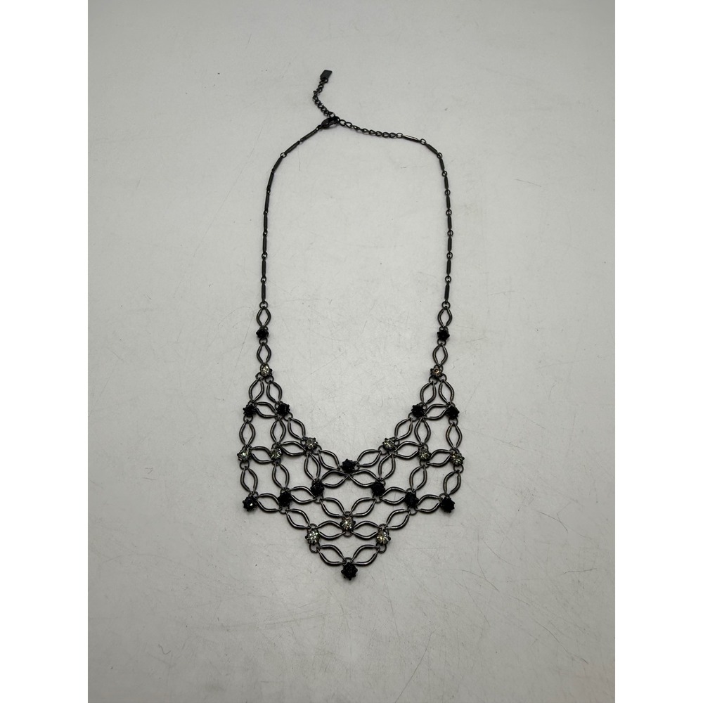 1928 Jewelry Gunmetal Black Crystal Lattice Bib Necklace Vintage Style Statement